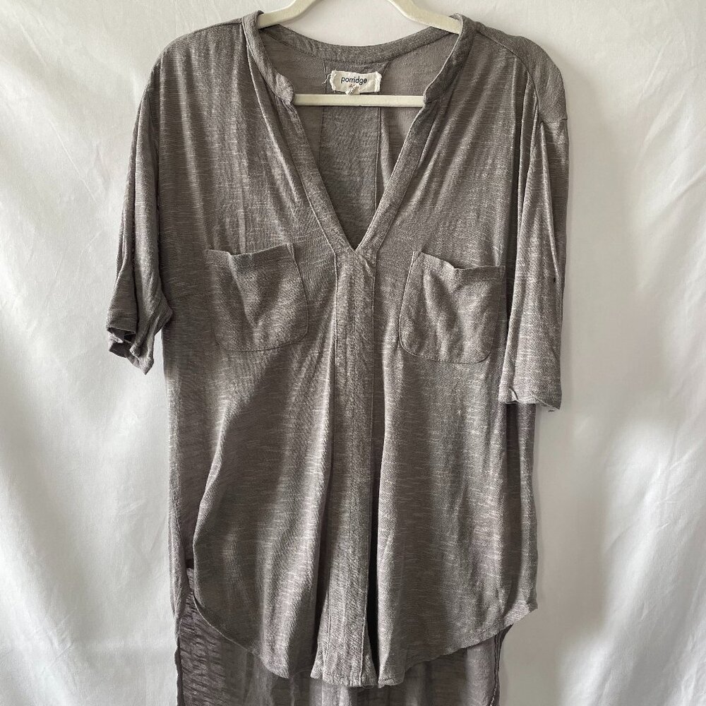 Porridge Clothing Womens Taupe Short Sleeve Hi Low Hem V-Neck Blouse Top Size M